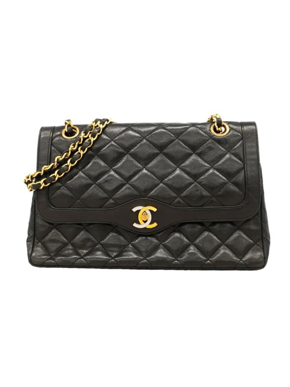 Chanel Shoulder Bag Quilted Limited Edition Lambskin Black Gold Silver
